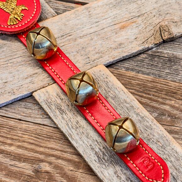 Belsnickel Eagle Charm Red Leather 3 Brass Bell Strap Door Hanger, 14.5”H - Picture 2 of 8